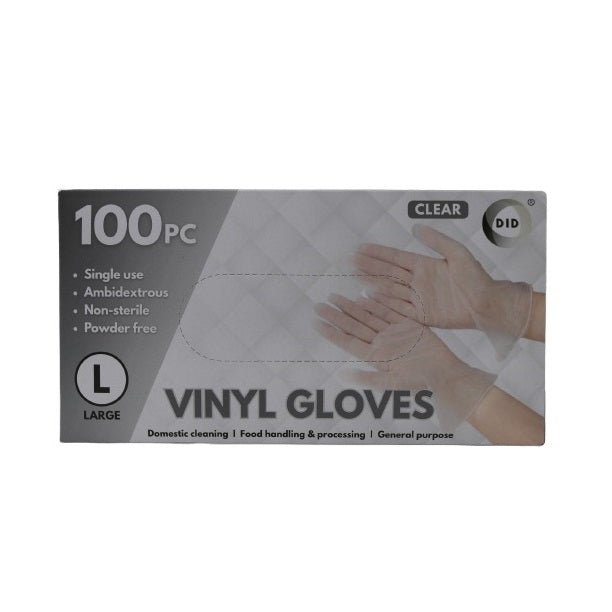 DID Vinyl Single Use Gloves Clear Large Pack of 100 WW9171 | Powder-Free | Ambidextrous | Non-Sterile | Disposable Gloves | For Cleaning-Food Handling and General Purpose
