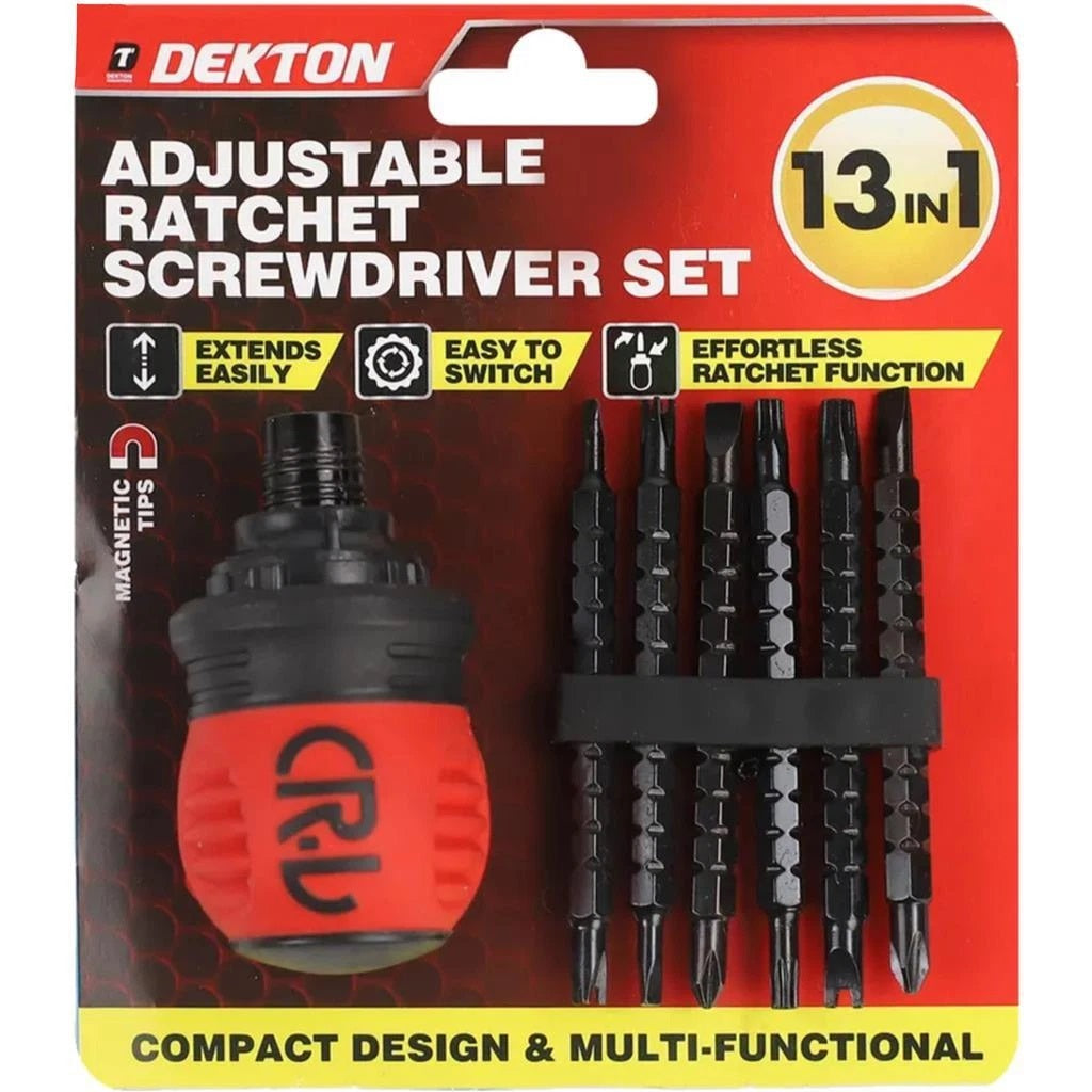 Dekton 13-in-1 Adjustable Ratchet Screwdriver Set Black and Red DT65209 | Extends Easily | Easy to Switch | Effortless Ratchet Function | Compact Design and Multi-Functional
