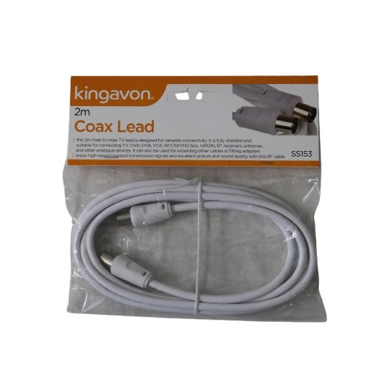 Kingavon Male to Male Coax Lead RF Cable White 2Mtr SS153 | For Versatile Connectivity | High-Speed Signal Transmission | Compatible with TV-VCR-SKY-BT-Virgin-DVB and DVD | For Excellent Picture and Sound Quality