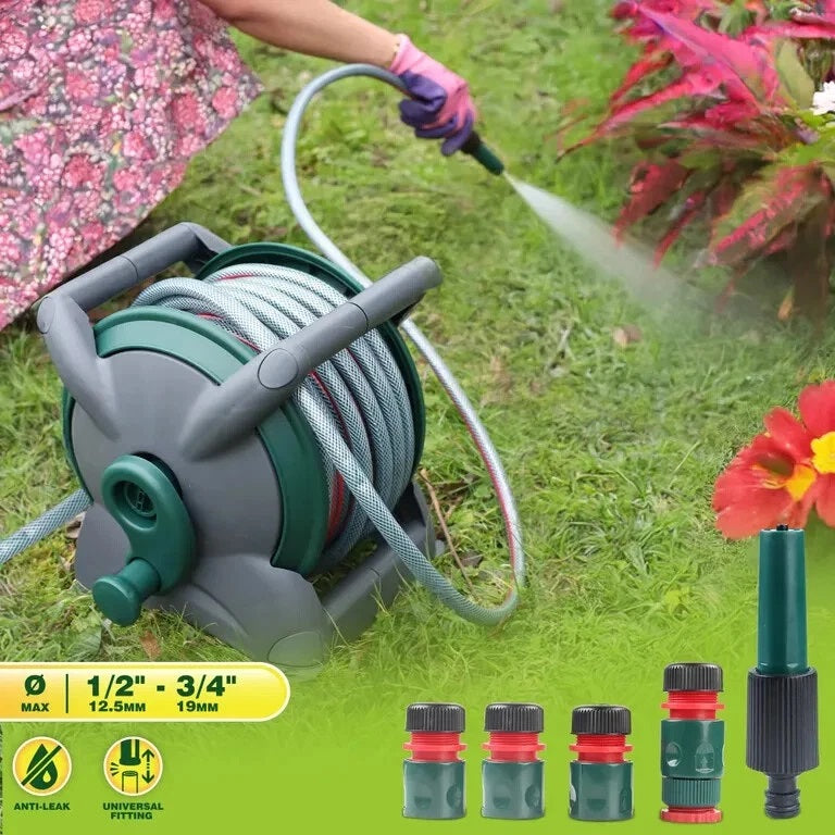Dekton Hose Reel Cart with Nozzle Kit Multicoloured 20Mtr DTG6060 | 3 Hose Connectors | 1 Hose Connector with Stop | Adjustable Spray Nozzle