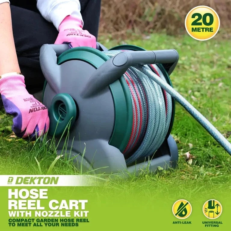 Dekton Hose Reel Cart with Nozzle Kit Multicoloured 20Mtr DTG6060 | 3 Hose Connectors | 1 Hose Connector with Stop | Adjustable Spray Nozzle