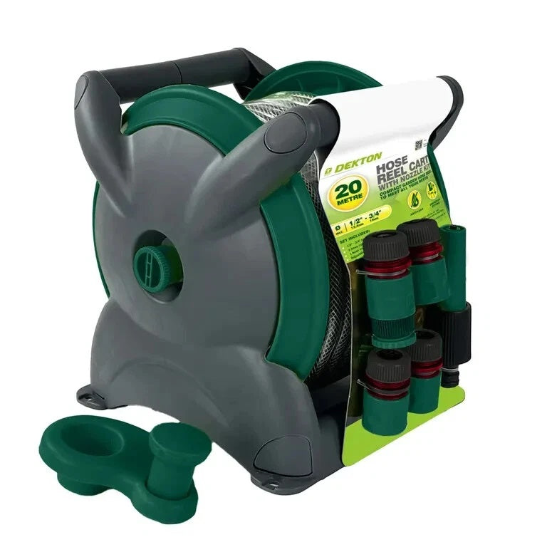 Dekton Hose Reel Cart with Nozzle Kit Multicoloured 20Mtr DTG6060 | 3 Hose Connectors | 1 Hose Connector with Stop | Adjustable Spray Nozzle