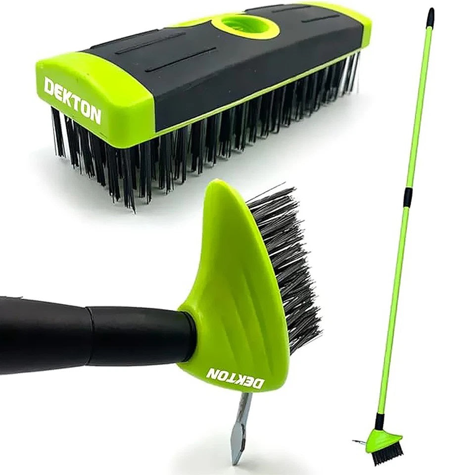 Dekton 3-in-1 Weed Removal Brush Set Green and Black DTG4095 | Extendable From 80 to 140cm | Includes a Wide Brush Head and Narrow Brush Head with Scraper
