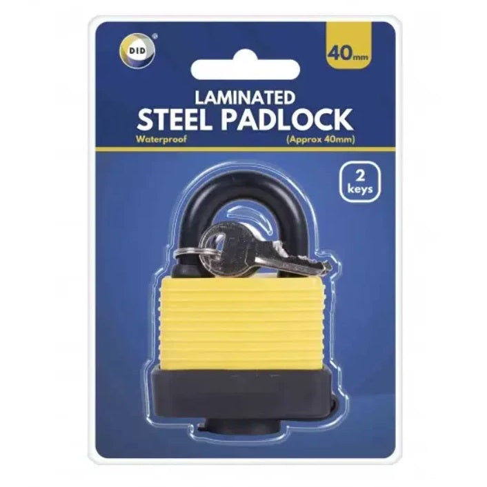 DID Laminated Steel Padlock Yellow and Black 40mm HW6066 | 8mm Plastic Coated Steel Shackle | Weatherproof and Durable Body | Brass Barrel with Protective Cover | Outdoor Lock with 2 Keys | For Gates-Sheds and Toolboxes