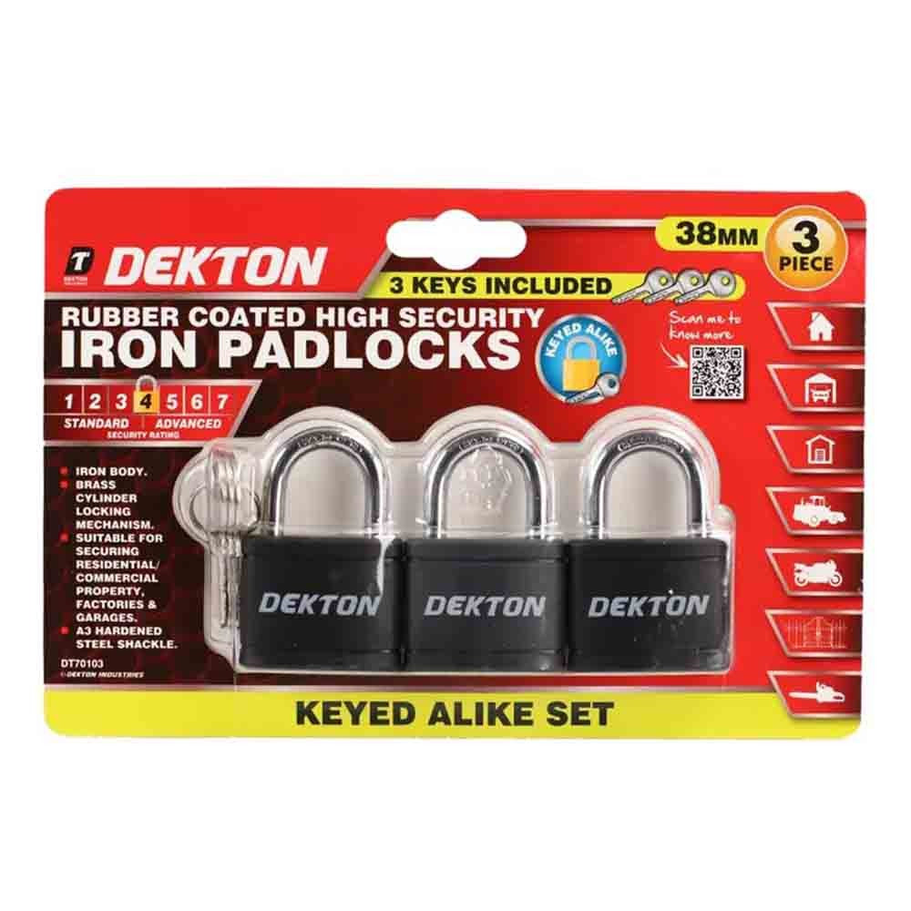 Dekton Rubber Coated High Security Iron Padlocks Black 38mm Pack of 3 DT70103 | Iron Body | Brass Cylinder Locking Mechanism | A3 Hardened Steel Shackle