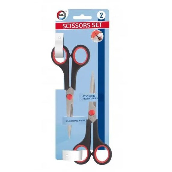 DID Stainless Steel Scissors Black and Red 7-Inch Pack of 2 HH2489 | Stainless Steel Blades | Plastic Grips | Ideal for Home-School or Office Use