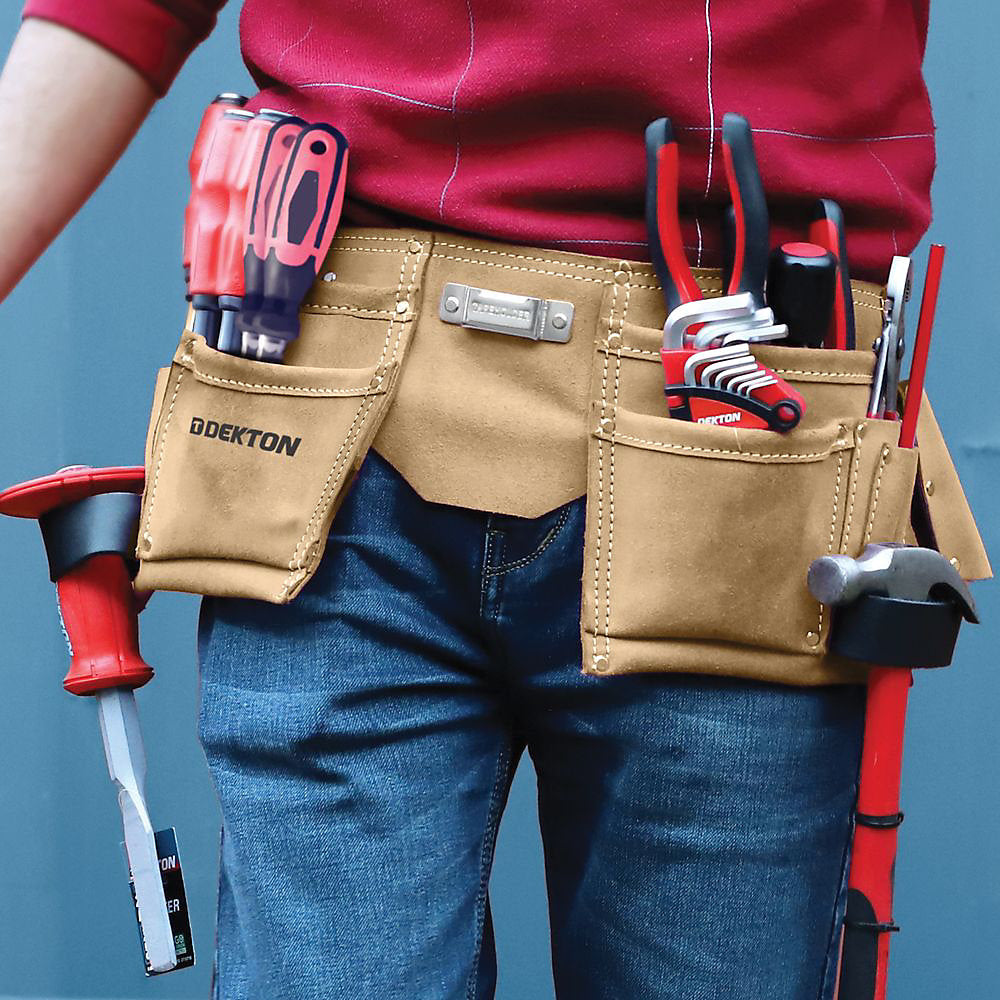 Dekton Premium Leather 10 Pocket Tool Belt Camel DT50174 | Adjustable Fit | Heavy Duty | Lightweight | Multi-Functional