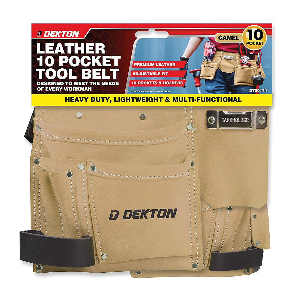 Dekton Premium Leather 10 Pocket Tool Belt Camel DT50174 | Adjustable Fit | Heavy Duty | Lightweight | Multi-Functional