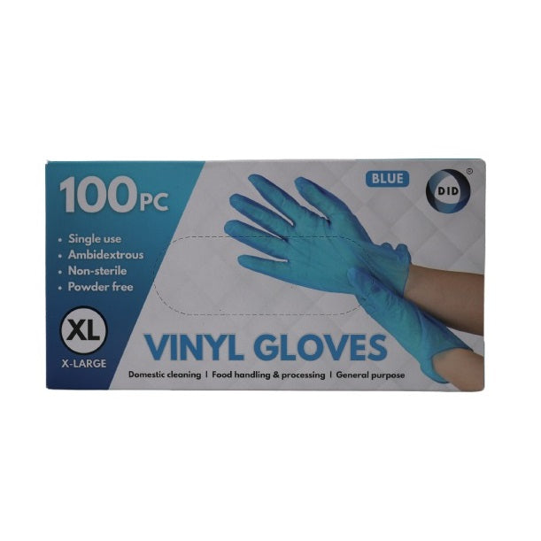 DID Vinyl Single Use Gloves Blue X-Large Pack of 100 WW9175 | Powder-Free | Ambidextrous | Non-Sterile | Disposable Gloves | For Cleaning-Food Handling and General Purpose