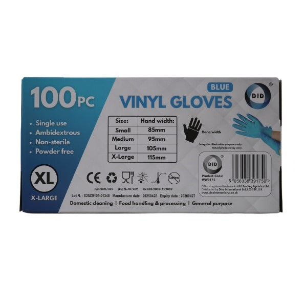 DID Vinyl Single Use Gloves Blue X-Large Pack of 100 WW9175 | Powder-Free | Ambidextrous | Non-Sterile | Disposable Gloves | For Cleaning-Food Handling and General Purpose