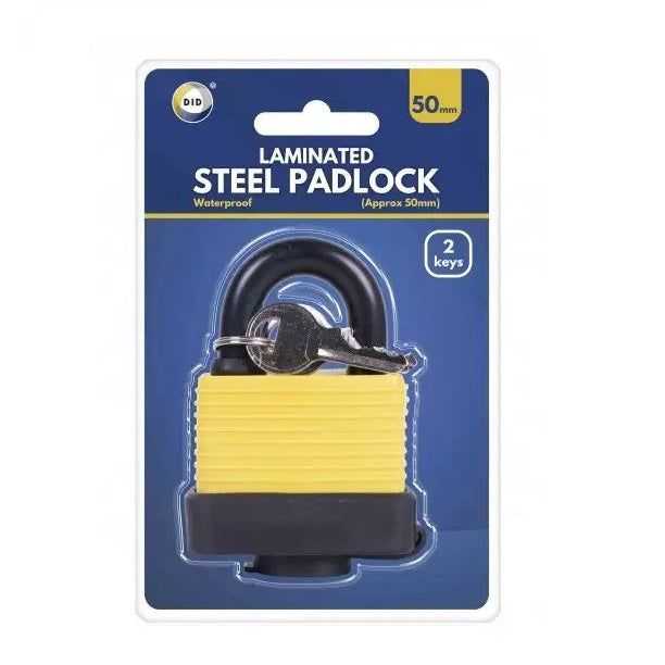 DID Laminated Steel Padlock Yellow and Black 50mm HW6068 | 11mm Plastic Coated Steel Shackle | Weatherproof and Durable Body | Brass Barrel with Protective Cover | Outdoor Lock with 2 Keys | For Gates-Sheds and Toolboxes