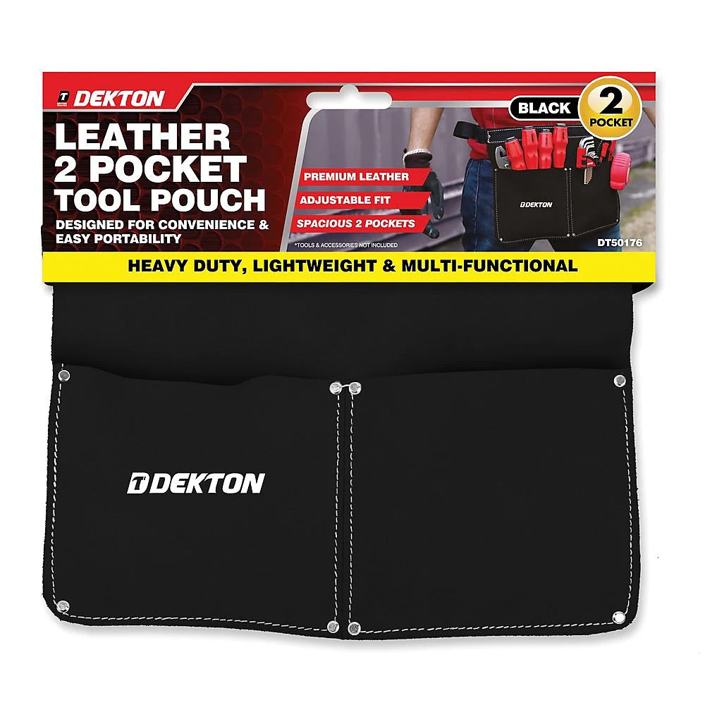 Dekton Premium Leather 2 Pocket Tool Pouch Black DT50176 | Adjustable Fit | Heavy Duty | Lightweight | Multi-Functional