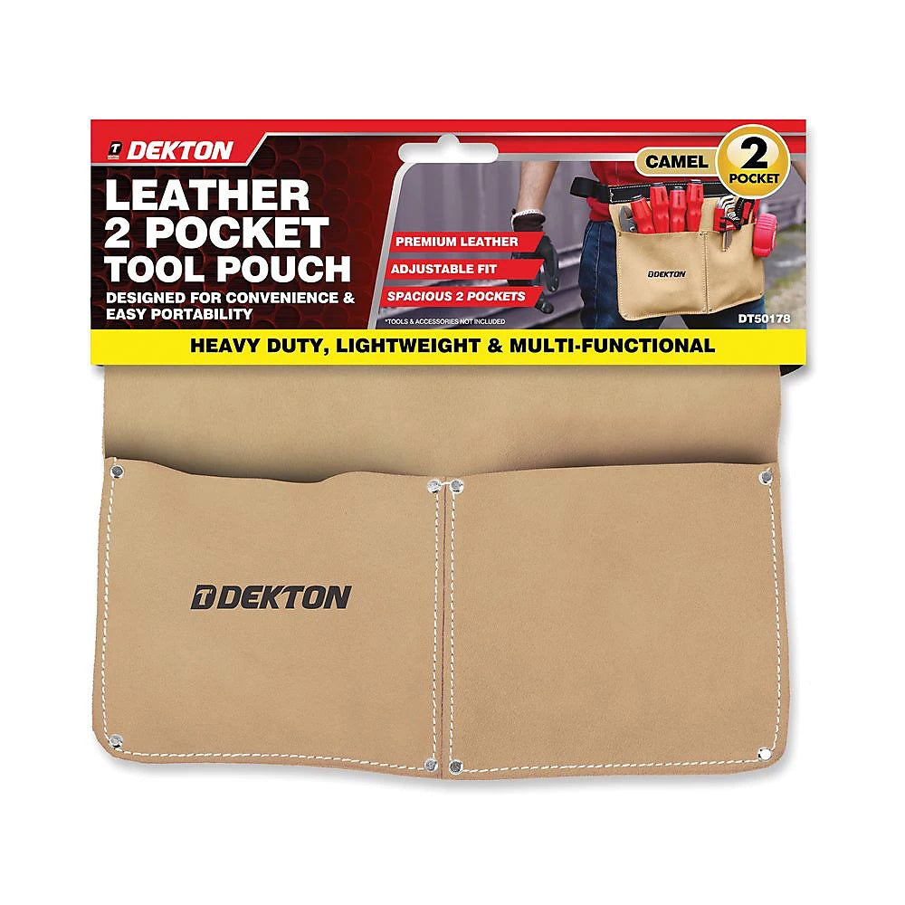 Dekton Premium Leather 2 Pocket Tool Pouch Camel DT50178 | Adjustable Fit | Heavy Duty | Lightweight | Multi-Functional