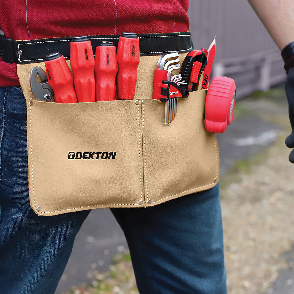 Dekton Premium Leather 2 Pocket Tool Pouch Camel DT50178 | Adjustable Fit | Heavy Duty | Lightweight | Multi-Functional