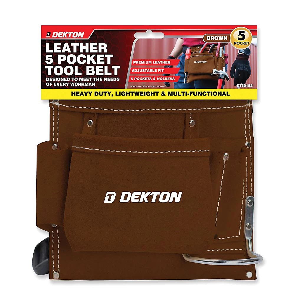 Dekton Premium Leather 5 Pocket Tool Belt Brown DT50182 | Adjustable Fit | Heavy Duty | Lightweight | Multi-Functional