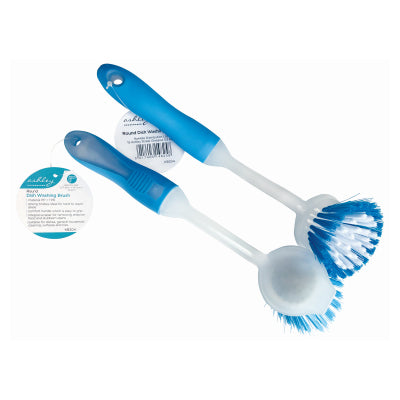 Ashley Round Dish Washing Brush White and Blue 27.5cm x 7cm x 4cm KB204 | Strong Bristles Ideal for Hard to Reach Areas | Comfort Handle Which is Easy to Grip | Integral Scraper for Removing Dried on Food and Stubborn Stains | Suitable for Dishes General Household Cleaning Surfaces and Tiles