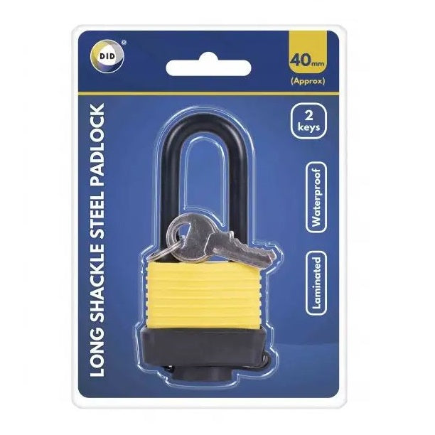 DID Laminated Long Shackle Steel Padlock Yellow and Black 40mm HW6067 | 8mm Plastic Coated Steel Shackle | Weatherproof and Durable Body | Brass Barrel with Protective Cover | Outdoor Lock with 2 Keys | For Gates-Sheds and Toolboxes