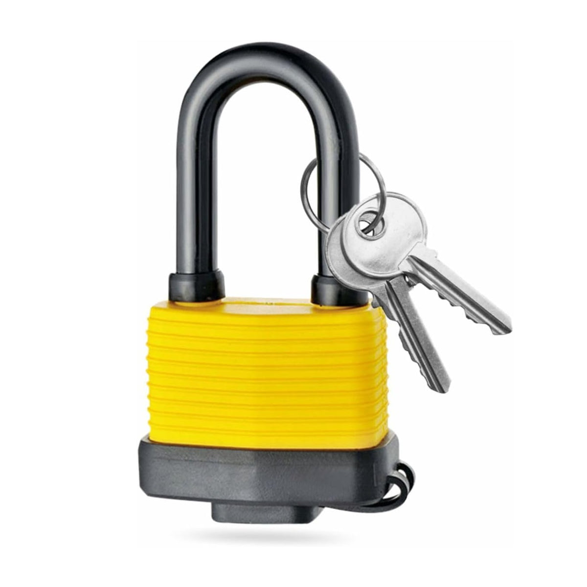 DID Laminated Long Shackle Steel Padlock Yellow and Black 40mm HW6067 | 8mm Plastic Coated Steel Shackle | Weatherproof and Durable Body | Brass Barrel with Protective Cover | Outdoor Lock with 2 Keys | For Gates-Sheds and Toolboxes