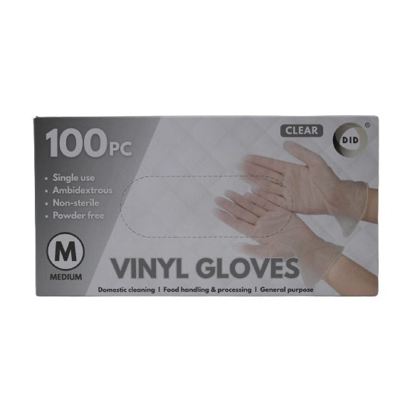 DID Vinyl Single Use Gloves Clear Medium Pack of 100 WW9170 | Powder-Free | Ambidextrous | Non-Sterile | Disposable Gloves | For Cleaning-Food Handling and General Purpose