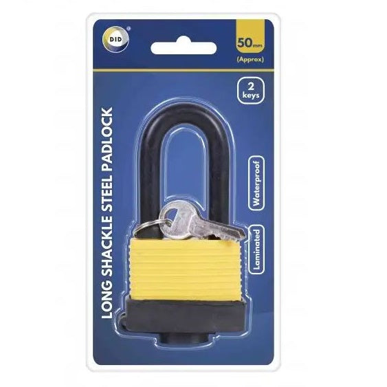 DID Laminated Long Shackle Steel Padlock Yellow and Black 50mm HW6069 | 11mm Plastic Coated Steel Shackle | Weatherproof and Durable Body | Brass Barrel with Protective Cover | Outdoor Lock with 2 Keys | For Gates-Sheds and Toolboxes
