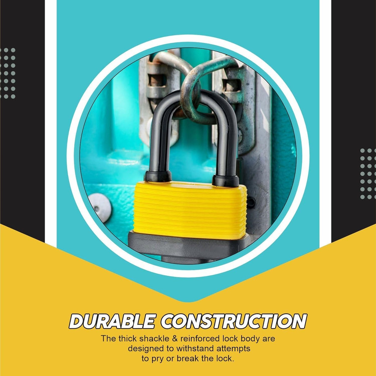 DID Laminated Long Shackle Steel Padlock Yellow and Black 50mm HW6069 | 11mm Plastic Coated Steel Shackle | Weatherproof and Durable Body | Brass Barrel with Protective Cover | Outdoor Lock with 2 Keys | For Gates-Sheds and Toolboxes