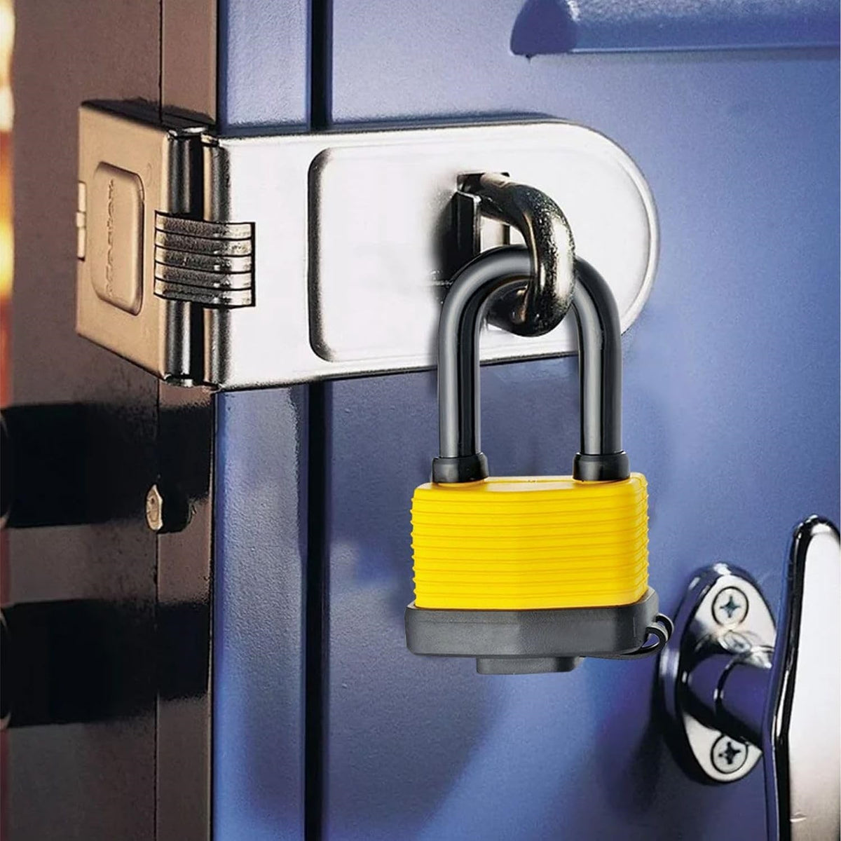 DID Laminated Long Shackle Steel Padlock Yellow and Black 50mm HW6069 | 11mm Plastic Coated Steel Shackle | Weatherproof and Durable Body | Brass Barrel with Protective Cover | Outdoor Lock with 2 Keys | For Gates-Sheds and Toolboxes