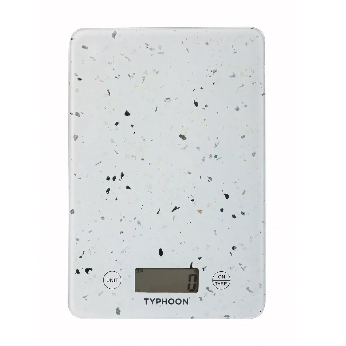 Typhoon Elements Quartz Effect Digital Scales White H22cm x W15cm x D1.4cm 1402.131 | Perfect for Baking and Cooking | Compact Design for Easy Storage | Measures Gram - Kilogram - Fluid Ounce - Millilitre - Pound and Ounce | Weighs upto 5Kg | Battery Included
