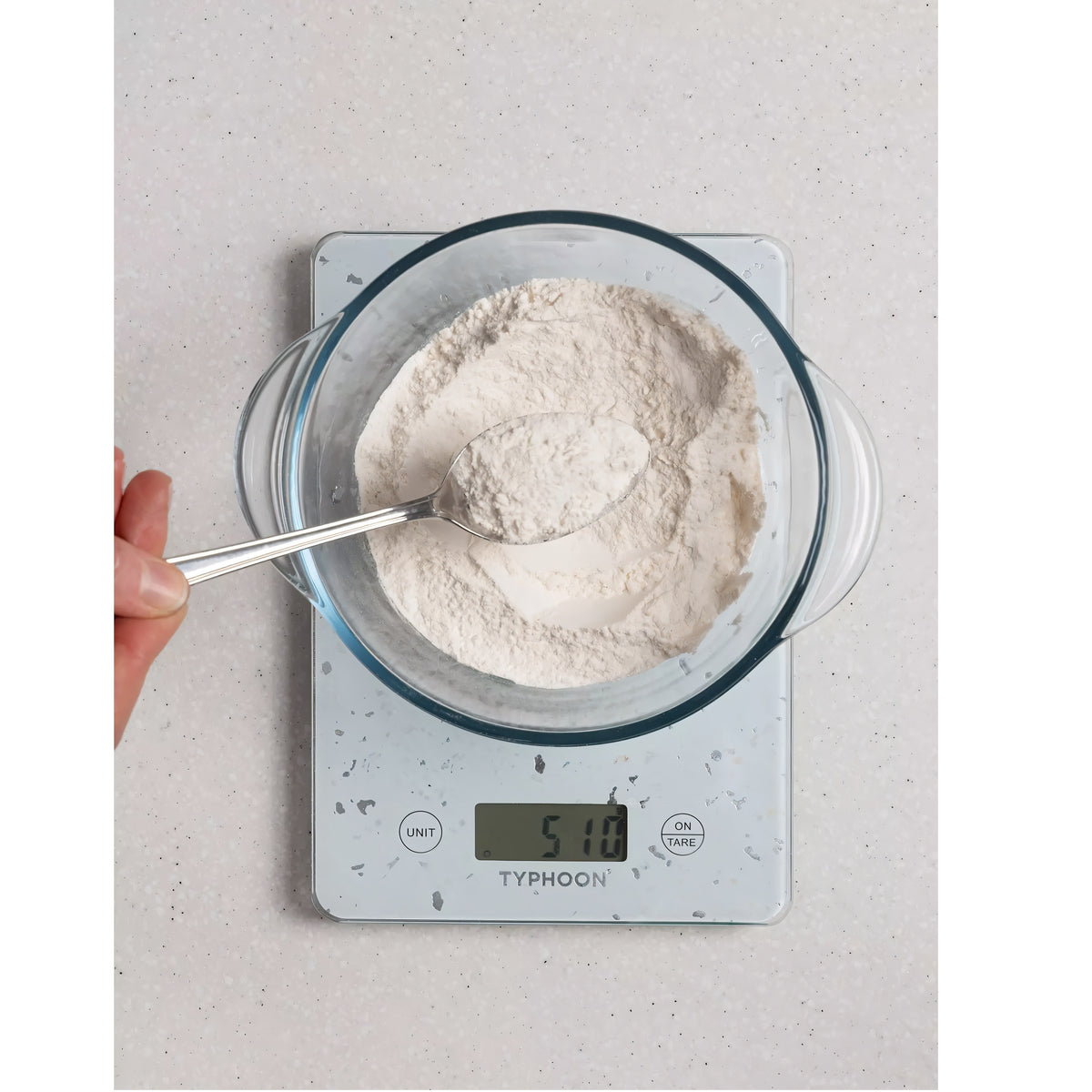 Typhoon Elements Quartz Effect Digital Scales White H22cm x W15cm x D1.4cm 1402.131 | Perfect for Baking and Cooking | Compact Design for Easy Storage | Measures Gram - Kilogram - Fluid Ounce - Millilitre - Pound and Ounce | Weighs upto 5Kg | Battery