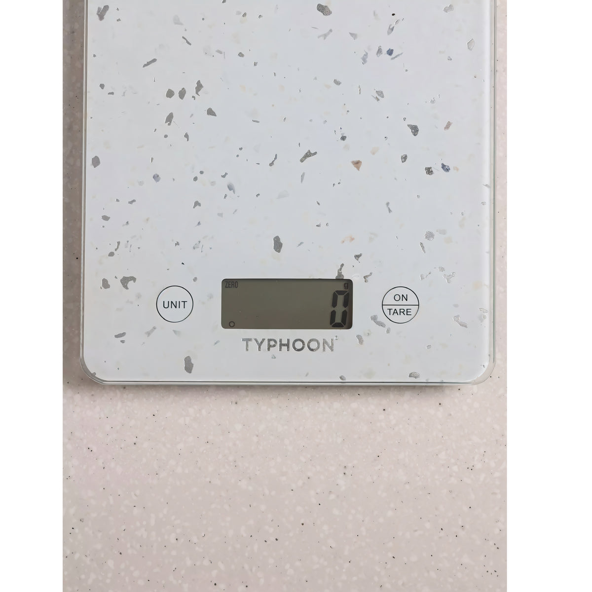 Typhoon Elements Quartz Effect Digital Scales White H22cm x W15cm x D1.4cm 1402.131 | Perfect for Baking and Cooking | Compact Design for Easy Storage | Measures Gram - Kilogram - Fluid Ounce - Millilitre - Pound and Ounce | Weighs upto 5Kg | Battery