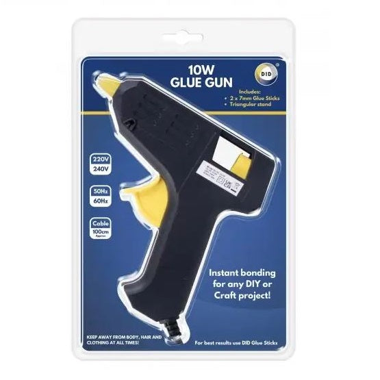 DID Hot Glue Gun Black and Yellow HW6050 | 10W | Includes 2 x 7mm Glue Sticks | 100cm Cable | Instant Bonding for DIY and Craft Projects | Triangular Stand Included | 220V-240V | 50Hz - 60Hz