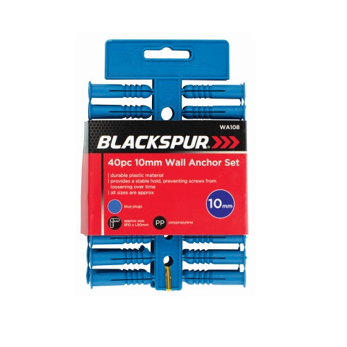 Blackspur Wall Anchor Set Blue 10mm 40-Piece WA108 | Durable Plastic Material | Provides a Stable Hold | Preventing Screws From Loosening Over Time | All Sizes are Approx