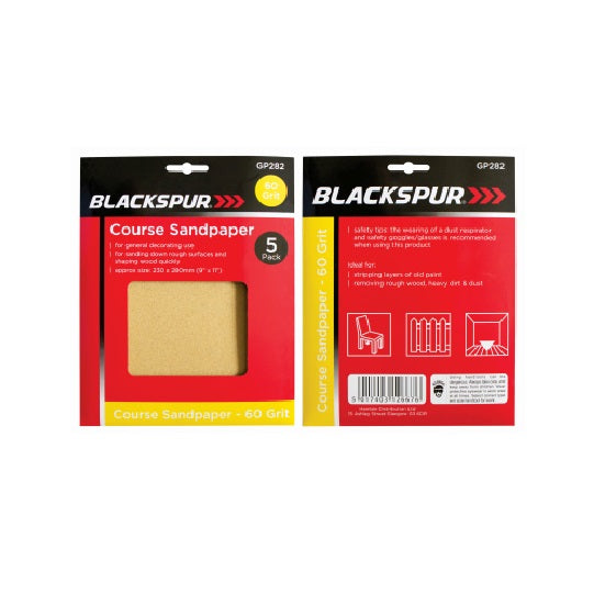 Blackspur 60 Grit Course Sandpaper Beige 230mm x 280mm Pack of 5 GP282 | For General Decorating Use | For Sanding Down Rough Surfaces and Shaping Wood Quickly