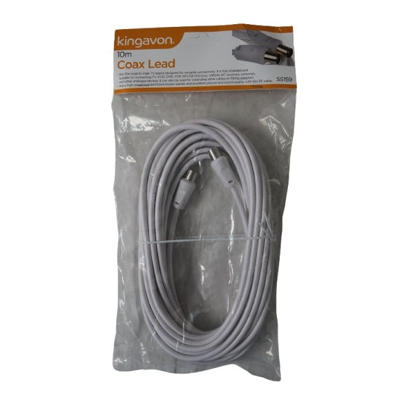Kingavon Male to Male Coax Lead RF Cable White 10Mtr SS159 | For Versatile Connectivity | High-Speed Signal Transmission | Compatible with TV-VCR-SKY-BT-Virgin-DVB and DVD | For Excellent Picture and Sound Quality