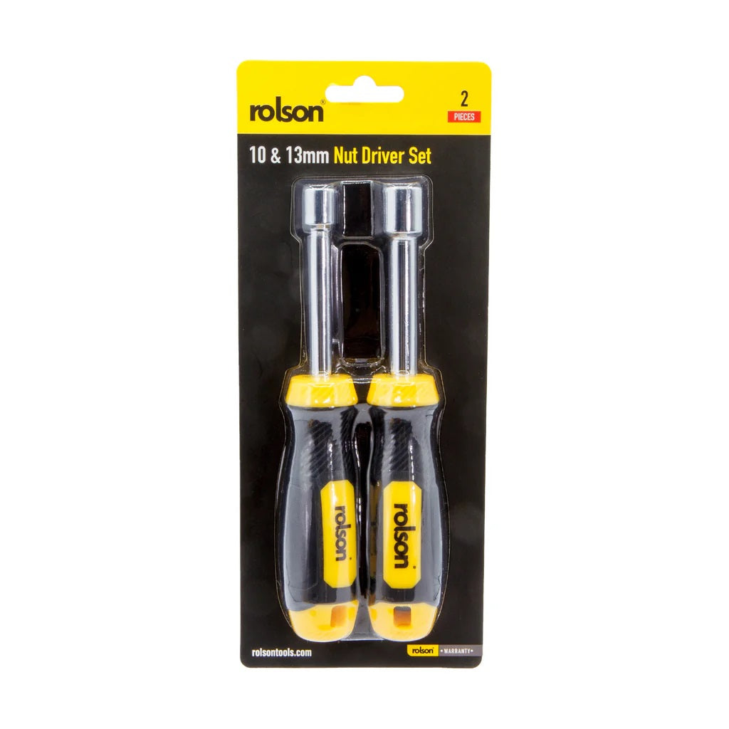 Rolson Nut Driver Yellow and Black 180mm Pack of 2 29185-H1 | 10mm and 13mm | Chrome Vanadium Steel Shafts | Soft Cushion Grip | Durable and Reliable Hand Tools