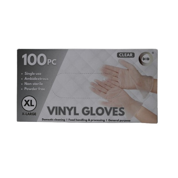 DID Vinyl Single Use Gloves Clear X-Large Pack of 100 WW9172 | Powder-Free | Ambidextrous | Non-Sterile | Disposable Gloves | For Cleaning-Food Handling and General Purpose
