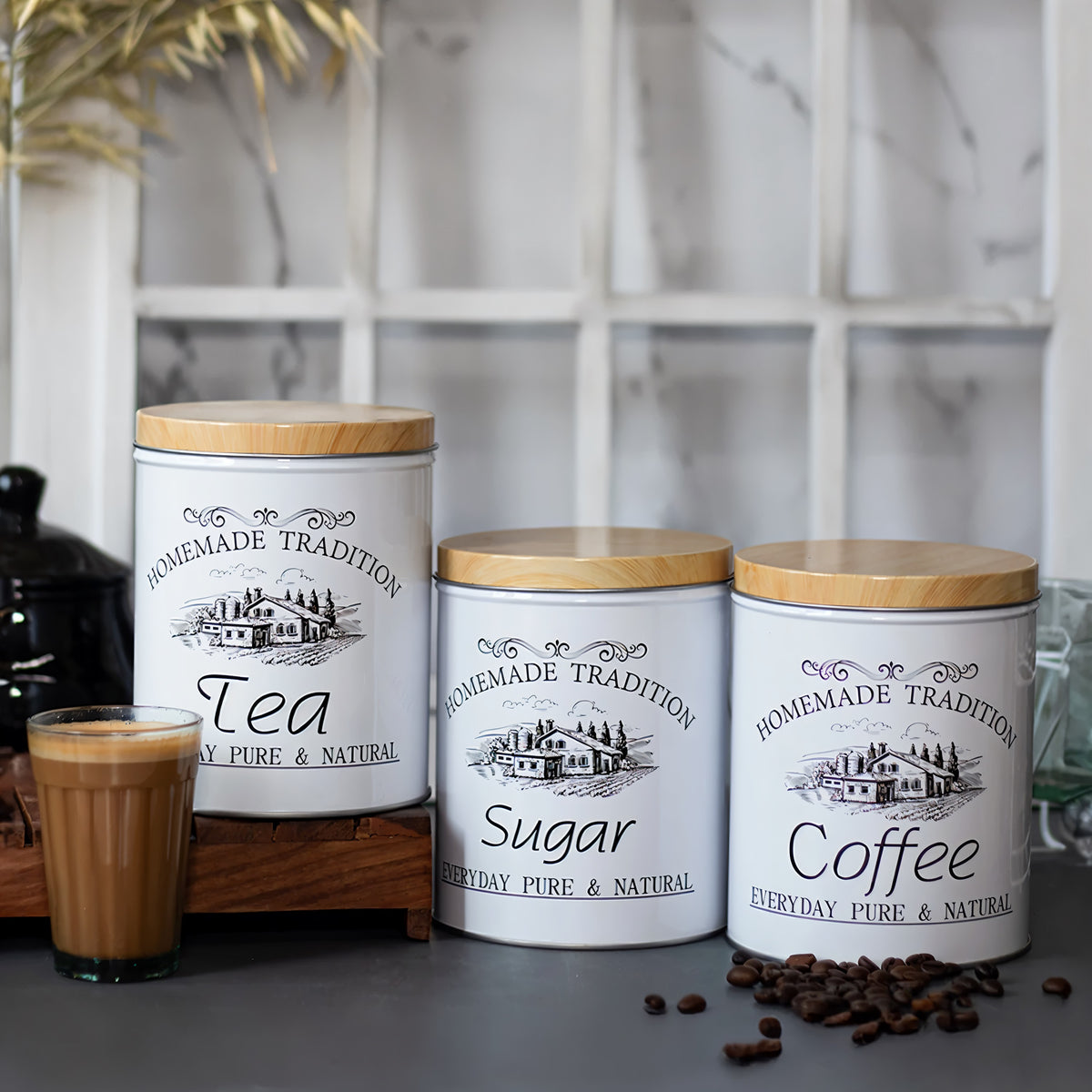 Homemade Tradition Tea-Coffee-Sugar Metal Tin Jar White 9cm x 13cm DM005
