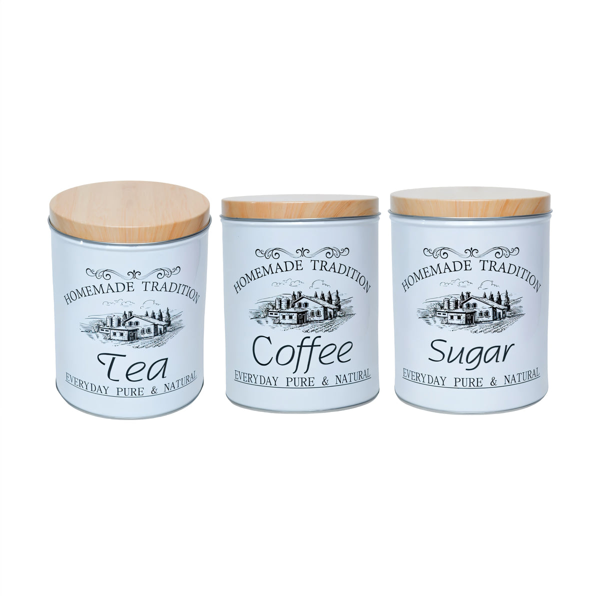 Homemade Tradition Tea-Coffee-Sugar Metal Tin Jar White 9cm x 13cm DM005