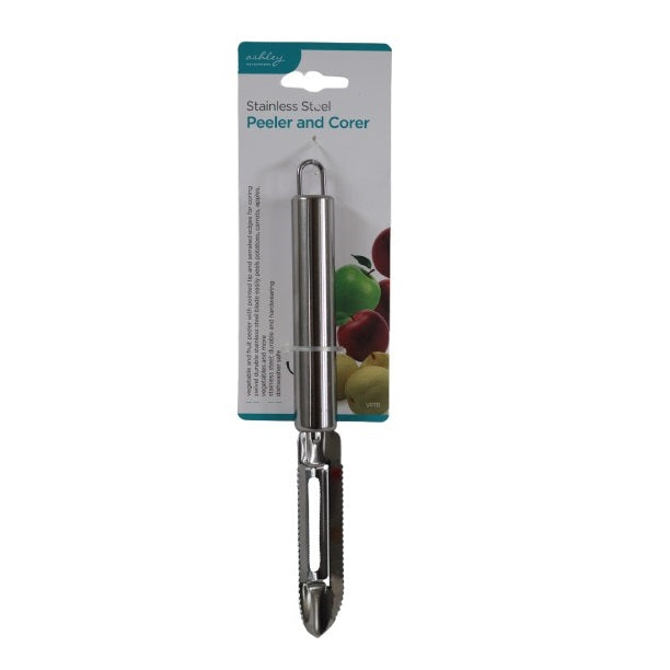 Ashley Housewares Stainless Steel Peeler and Corer Chrome VP111 | Sharp Serrated Edges for Coring | Durable and Hardwearing | Dishwasher Safe | Ideal for Fruits and Vegetables | Swivel Blade