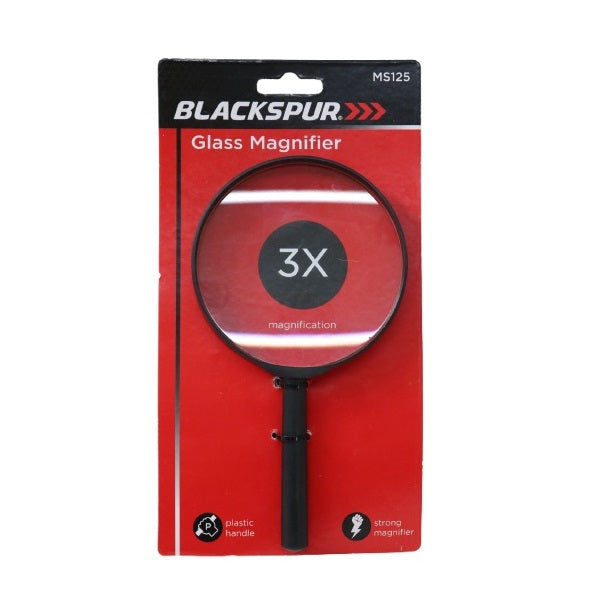 Blackspur Glass Magnifier Black 18.5cm x 10cm x 1.5cm MS125 | 3X Magnification | Strong Optical Lens | Durable Plastic Handle | For Reading Small Print | For Examining Small Objects