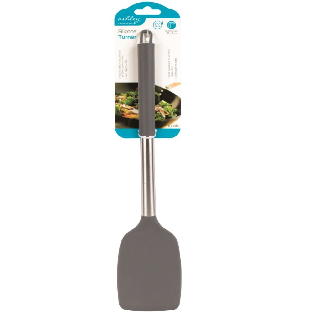 Ashley Housewares Silicone Turner Grey 35cm x 8cm KT180 | Anti Slip Handle | Heat Resistant up to 200 Degree C | BPA Free | Non-Scratch Kitchen Utensil | For Non-Stick Cookware | Dishwasher Safe