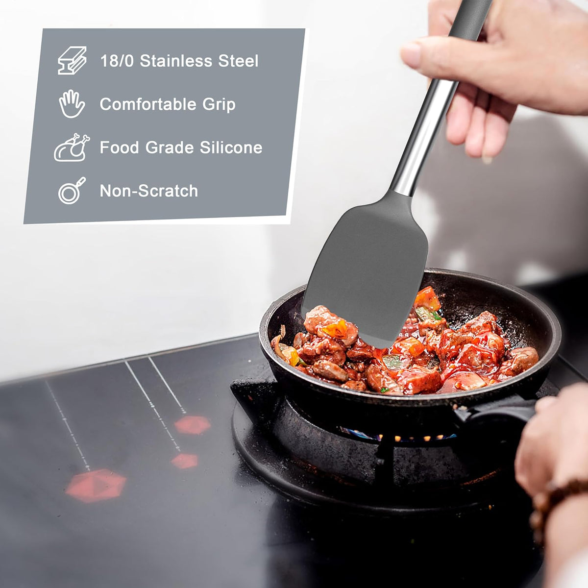 Ashley Housewares Silicone Turner Grey 35cm x 8cm KT180 | Anti Slip Handle | Heat Resistant up to 200 Degree C | BPA Free | Non-Scratch Kitchen Utensil | For Non-Stick Cookware | Dishwasher Safe