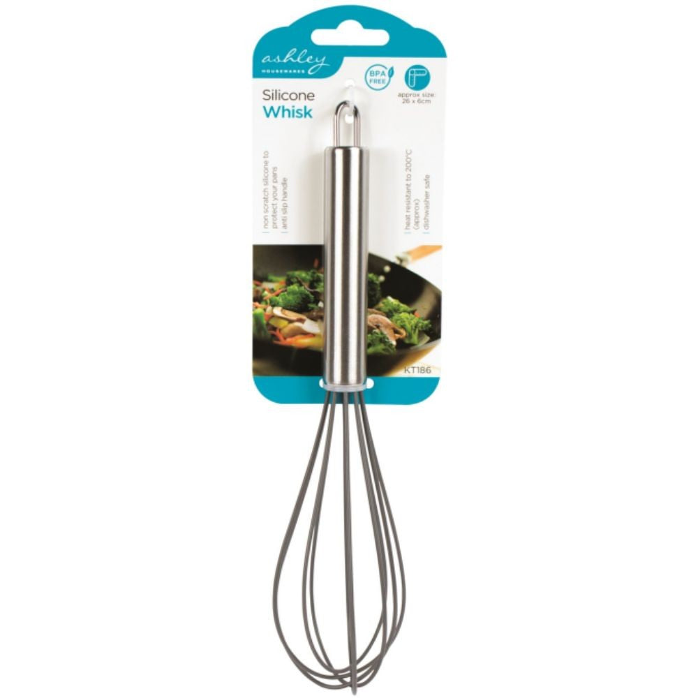 Ashley Housewares Silicone Whisk Grey 26cm x 6cm KT186 | Heat Resistant up to 200 degree C | BPA Free | Non-Scratch | For Non-Stick Cookware | Anti-Slip Handle | Protects Your Pan | Stainless Steel Handle | Dishwasher Safe