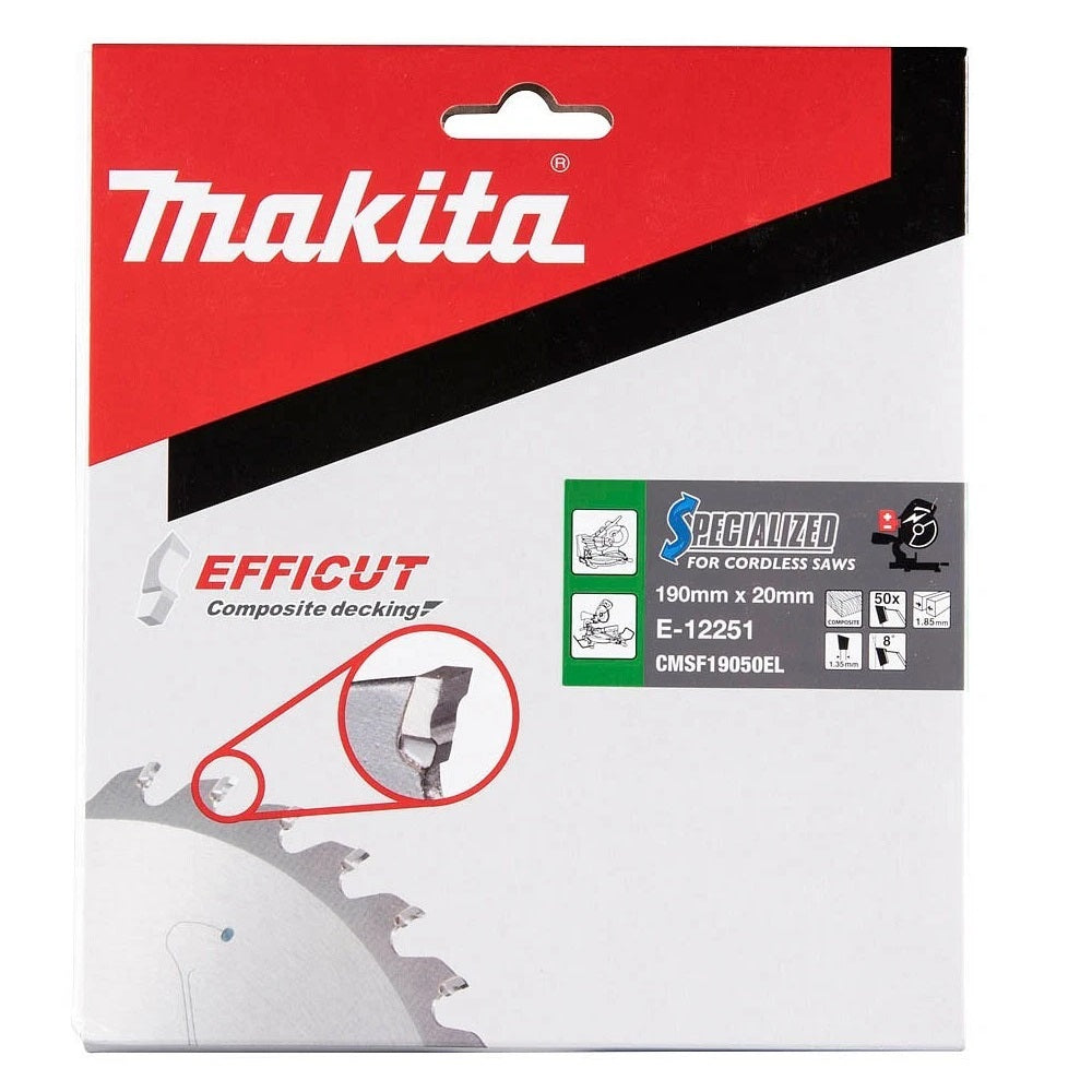 Makita Efficut Composite Decking Circular TCT Saw Blade Silver 190mm x 20mm E-12251 | Specialized for Cordless Saws