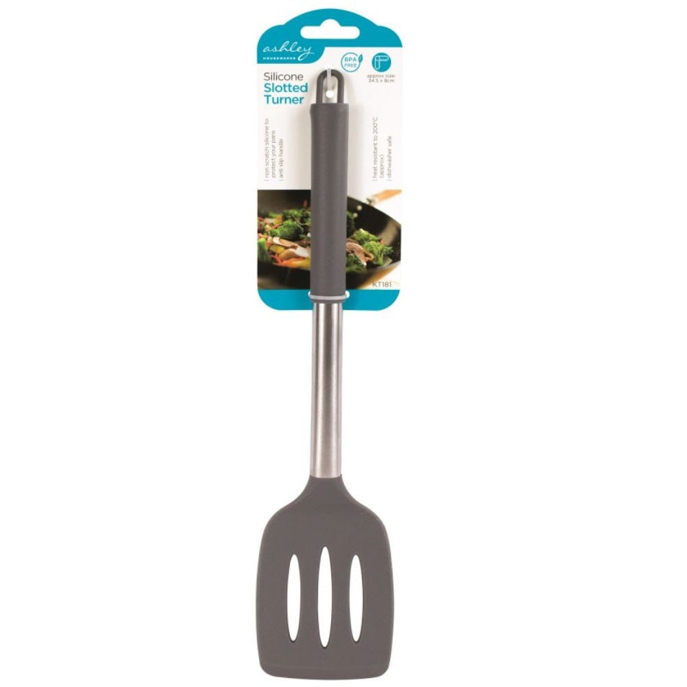 Ashley Housewares Silicone Slotted Turner Grey 34.5cm x 8cm KT181 | Heat Resistant to 200 Degree C | BPA Free | Non-Scratch | Stainless Steel Handle | Dishwasher Safe | For Non-Stick Cookware | Protect Your Pans | Anti Slip Handle