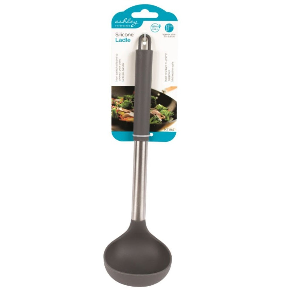 Ashley Housewares Silicone Ladle Grey 31cm x 8.5cm KT184 | Heat Resistant to 200 Degree C | Anti Slip Handle | BPA-Free | Non-Scratch | Protect Your Pans | Stainless Steel Handle | Dishwasher Safe
