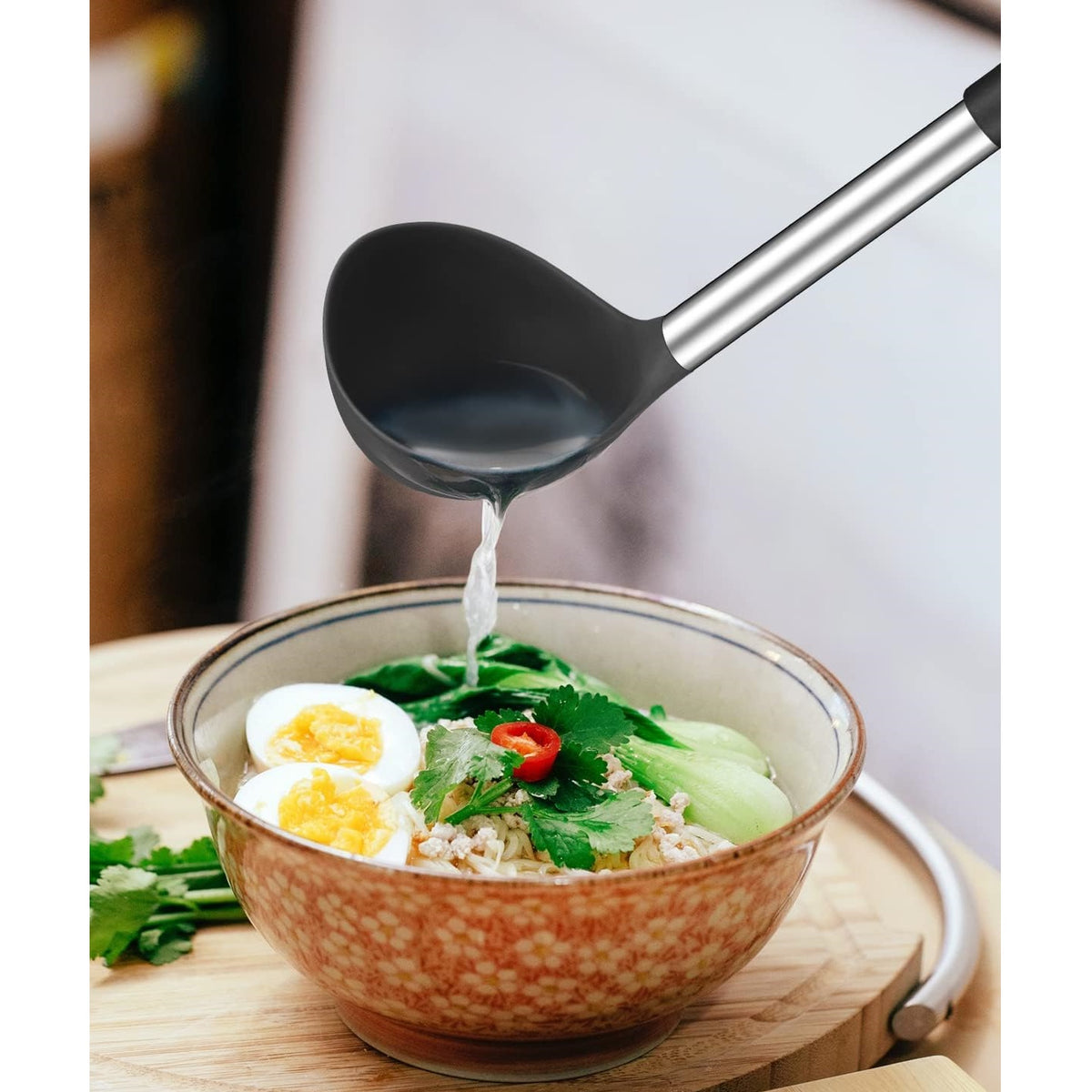 Ashley Housewares Silicone Ladle Grey 31cm x 8.5cm KT184 | Heat Resistant to 200 Degree C | Anti Slip Handle | BPA-Free | Non-Scratch | Protect Your Pans | Stainless Steel Handle | Dishwasher Safe