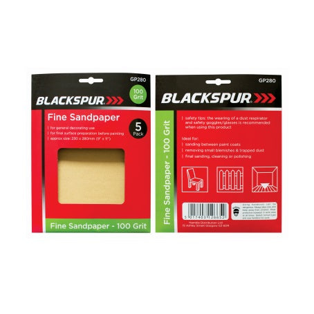 Blackspur 100 Grit Fine Sandpaper Beige 230mm x 280mm Pack of 5 GP280 | For General Decorating Use | For Final Surface Preparation Before Painting