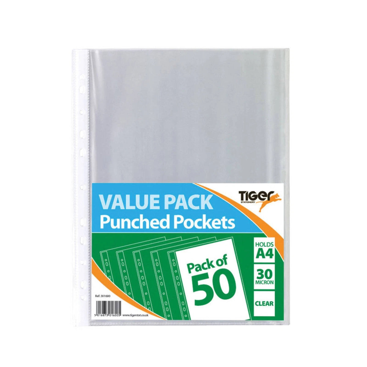 Tiger Stationery A4 Punched Pockets Clear Pack of 50 301600 | Holds A4 | 30 Micron