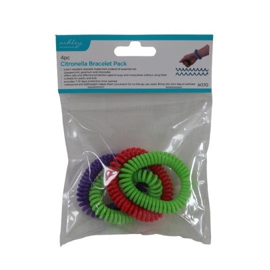 Ashley Housewares Citronella Bracelet Assorted Colours Pack of 4 IK170 | Insect Repellent with Essential Oils | DEET-Free Protection Against Mosquitoes and Bugs | Waterproof and Lightweight | Suitable for Adults and Kids | 7-10 Days Protection Once