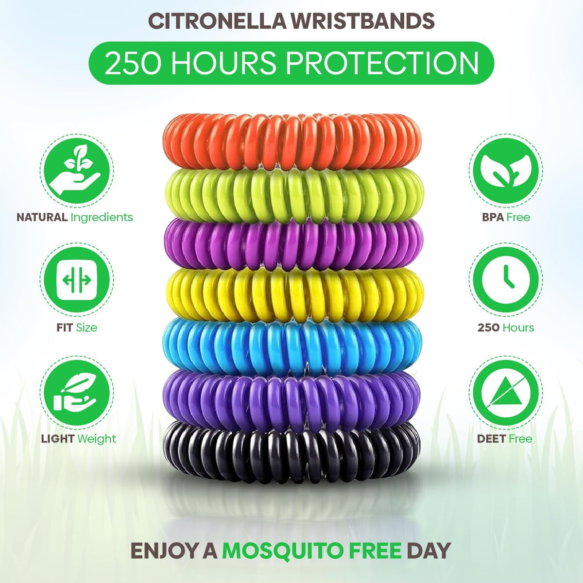 Ashley Housewares Citronella Bracelet Assorted Colours Pack of 4 IK170 | Insect Repellent with Essential Oils | DEET-Free Protection Against Mosquitoes and Bugs | Waterproof and Lightweight | Suitable for Adults and Kids | 7-10 Days Protection Once